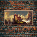 Fantasy wall art, canvas print, castle in the sky, castle atop mountains and waterfalls, watercolor