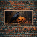Spooky Crow Print, The Raven and The Jack O Lantern, Halloween Wall Art, Victorian Oil Painting, Dark Academia, Goth Art