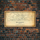 Panoramic Vintage Style Bucharest City Map Wall Art Canvas Print, Distressed Bucharest Map, Framed Art, Cool Travel Wall Art, Office Art