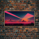 Cyberpunk lake art, city canvas, video game concept art, living room wall art, dystopian art, outrun city at sunset, man cave canvas print