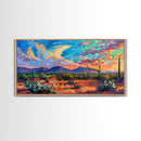 Vibrant Desert Sunset Landscape with Cacti, Framed Canvas Print for Living Room Art, Perfect for Boho and Southwestern Decor