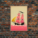Vaporwave sail boat art, pink pirate ship, framed wall art, framed canvas print
