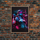 Graffiti art, lady justice, vaporwave cyberpunk justice is blind, fine art poster print