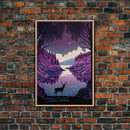 Mystical Deer Purple Forest Lake Wall Art Canvas Print - Serene Nature Scene Vibrant Artwork