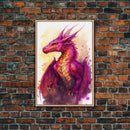 Magenta Purple Watercolor Dragon Fantasy Fine Art Print, Wall Decor, Wall Poster, Wall Art Print
