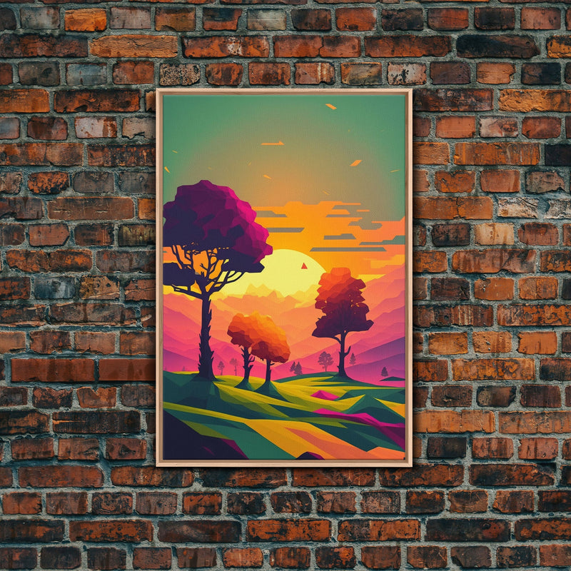 Retro Pop Art Landscape Art At Sunset, Framed Canvas Print, Outrun Sty