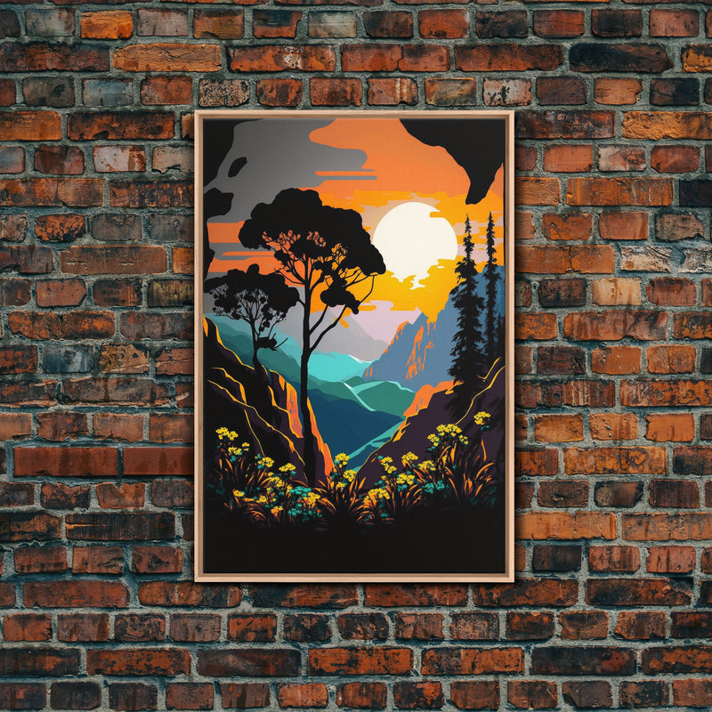 Colorful Pop Art Picture of a Mountain and Forest Landscape, Framed Ca