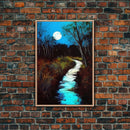 Spooky Art, Full Moon Over a Calm Stream At Night, Framed Canvas Print, Nature / Landscape Painting