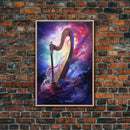 Heavenly Harp Among The Stars, Harp Art, Harp Print, Framed Canvas Art, Harp Wall Decor, Music Gift