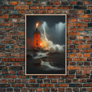 Lighthouse Oil Painting Canvas Print, Light house in a hurricane, dark stormy night, waves crashing