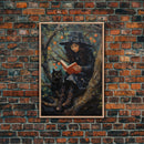 Cute Witch Reading Spells To Her Black Cat Familiar, Vintage Halloween Art, Framed Canvas Print, Halloween Canvas Art, Witchcraft