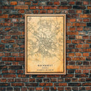 Vintage Style Bucharest City Map Wall Art Canvas Print, Distressed Bucharest Map, Framed Wall Art, Cool RomaniaTravel Wall Art, Office Art