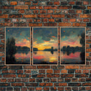 Lakehouse Canvas Print, watercolor painting of a sunset reflected on a lake, 3 Piece Wall Art, Ready To Hang Canvas Print