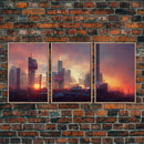 Cyberpunk City, Night City Watercolor, Videogame Concept Art, Watercolor Of a Cyberpunk City 3 Piece Wall Art, Ready To Hang Canvas Print