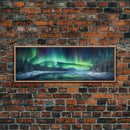 Panoramic Aurora Borealis Wall Art, Framed Canvas Print, Snowy Winter Landscape Painting, Winter Centerpiece Wall Art
