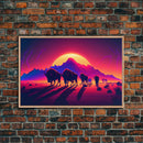 Synthwave American Buffalo, Retrowave art, herd of Bison and a setting sun, framed canvas print
