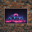 Cyberpunk city skyline superimposed over a sunset, synthwave style dystopian  art, framed canvas print