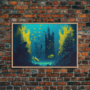 Underwater castle fantasy art, 8 bit pixel art for videogame room, framed canvas print