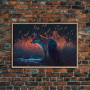 Cute animal prints, fox hunting in the tall grass, framed canvas print