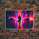 Cyberpunk bounty hunter art, vaporwave synthwave dystopian cityscape, framed canvas print