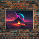 Campfire under a Full Moon, Framed canvas print, retro synthwave / outrun style primitive home decor