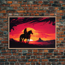 Retro Wildwest Sunset Art, Framed Canvas Print, Native American Warrior on Horseback