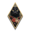 Elegant Black Cat Portrait with Roses Canvas Embossed Print, Diamond Shaped Art for Gothic Halloween Decor and Dark Academia Lovers