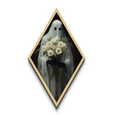 "Ghost with Flowers" Diamond Shaped Art Spirit Holding White Bouquet Canvas Art Print, Gothic Halloween Decor in Dark Academia Romantic Style
