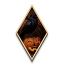 "Cackle Lantern" Gothic Crow and Glowing Jack-O'-Lantern Canvas Embossed Print, Diamond Shaped Art for Dark Halloween and Autumn Vibes