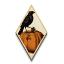 Illustrated crow perched on curling pumpkin Diamond Shaped Art Canvas Embossed Print with spooky autumn gothic Halloween flair