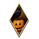 Midnight crow guarding carved pumpkin Canvas Art Print in Diamond Shaped Art with moody gothic ambiance and Halloween spirit