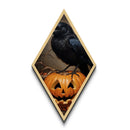 Creepy crow on heart-eyed jack-o-lantern Diamond Shaped Art Canvas Embossed Print with spooky season charm and gothic whimsy
