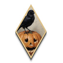 Gothic crow on jack-o-lantern with fall leaves Canvas Art Print in haunting Halloween Diamond Shaped Art composition