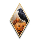Pumpkin patch crow with eerie stare Canvas Embossed Print in Diamond Shaped Art layout with Halloween gothic and spooky vibes