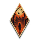 Haunted forest gate with bats and hunter Canvas Art Print in Diamond Shaped Art format with gothic Halloween orange atmosphere