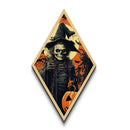 Skull-faced witch with jack-o-lantern and bats Canvas Art Print in dramatic gothic Halloween Diamond Shaped Art composition
