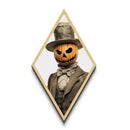 Rustic pumpkin man in aged top hat Canvas Art Print dressed in vintage Halloween fashion with eerie Diamond Shaped Art