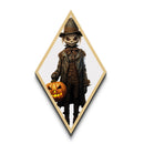 Spooky child scarecrow with glowing eyes Canvas Embossed Print holding jack-o-lantern in creepy Victorian Diamond Shaped Art