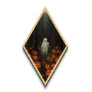 Spooky white cat ghost surrounded by jack-o-lanterns in forest Diamond Shaped Art Canvas Art Print Halloween gothic dark decor
