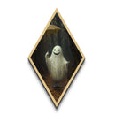 Cute Smiling Ghost in Misty Woods Diamond Shaped Art with Umbrella Dark Academia Aesthetic Canvas Embossed Print Halloween Wall Art