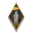Rainy Day Ghost Diamond Shaped Art Holding Yellow Umbrella Canvas Embossed Print Autumn Halloween Forest Home Decor Spooky Cute