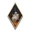 Diamond Shaped Art ghost on swing in haunted forest, Halloween Canvas Embossed Print with gothic autumn aesthetic and jack-o-lanterns