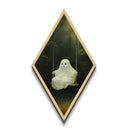 Cozy ghost swinging over forest pond in moonlight glow, Diamond Shaped Art Halloween Canvas Art Print with enchanted fall forest