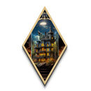 Victorian Haunted Mansion at Dusk Diamond Shaped Art Canvas Embossed Print with glowing windows gothic Halloween decor