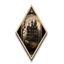 Spooky Gothic House in the Woods Diamond Shaped Art Canvas Art Print with bats, dead trees, and eerie lighting Halloween aesthetic