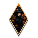 Goth Girl Witch with Pumpkins Diamond Shaped Art Canvas Embossed Print Halloween Aesthetic Victorian Wall Decor Dark Fantasy