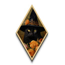 Black Cat With a Witch's Hat, Diamond Shaped Canvas Art Print, Halloween Painting Decor