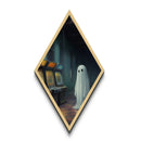 Lonely Ghost in Rainy Arcade Diamond Shaped Art Canvas Embossed Print Spooky Vaporwave Halloween Surreal Nostalgic Wall Decor