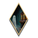 Ghost in Retro Arcade Room Diamond Shaped Art Canvas Embossed Print Spooky Halloween Nostalgia Vaporwave Haunting Wall Decor