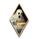 Ghost Devouring Cake Painting Diamond Shaped Art Canvas Embossed Print Spooky Cute Halloween Surreal Macabre Kitchen Decor